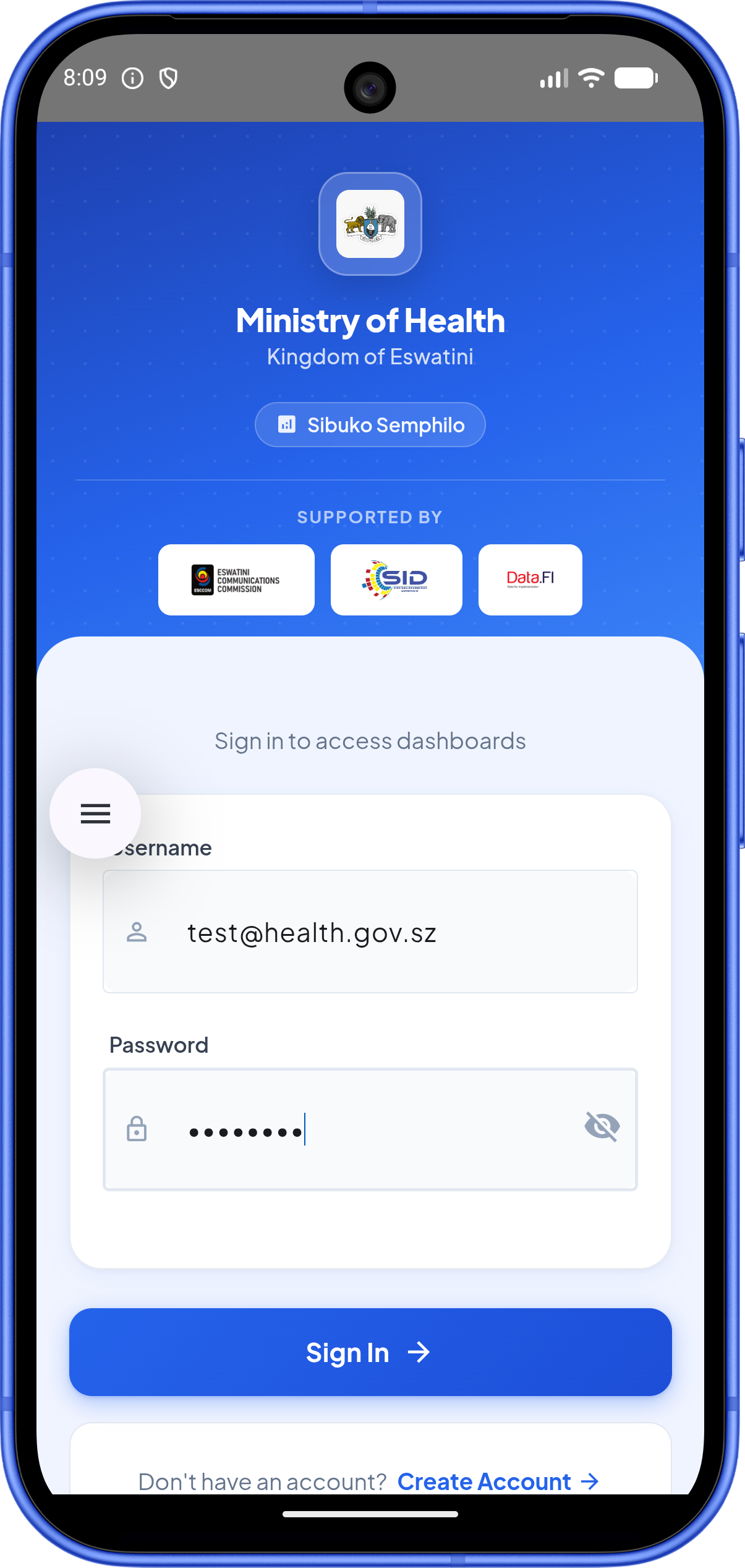 Sibuko Semphilo Login Screen